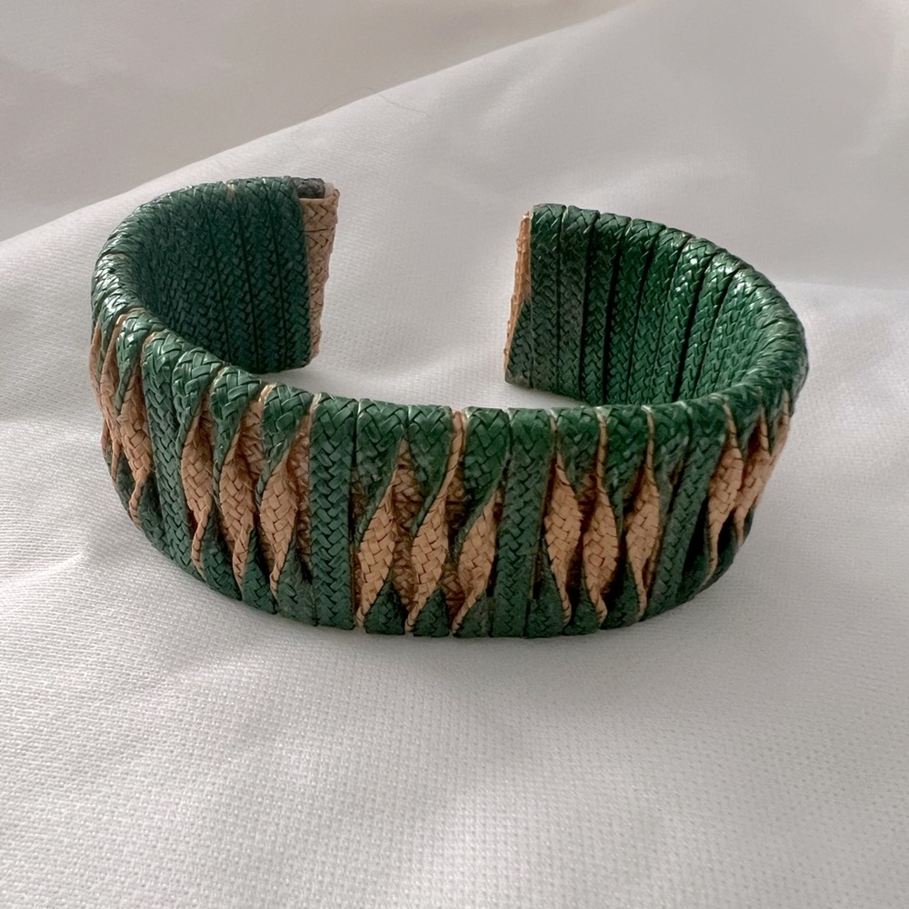 Green and gold woven boho cuff bracelet